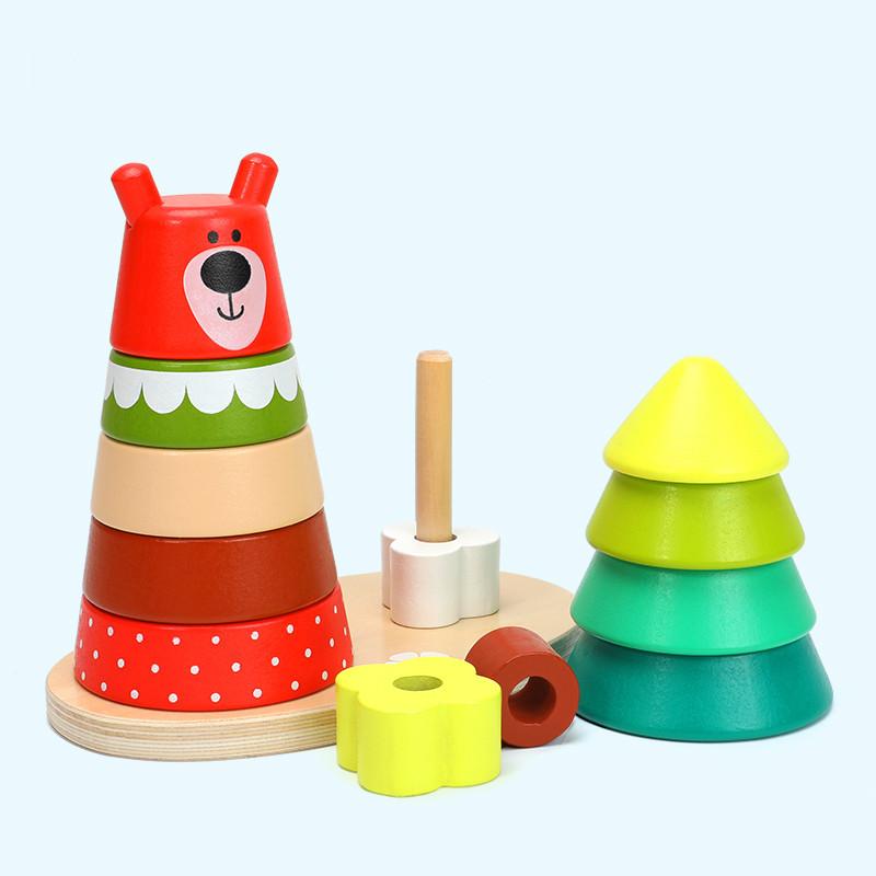 Montessori Wooden Toys for Baby Forest Bear Double Tower Stacking Games Toddlers Shape Color Cognition Fine Movement Puzzle Toy