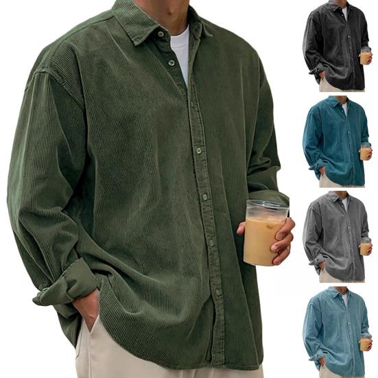 Мужская вельветовая рубашка на пуговицах с длинным рукавом и лацканами, классическая однотонная свободная повседневная рубашка-куртка для работы, свиданий, уличной одежды