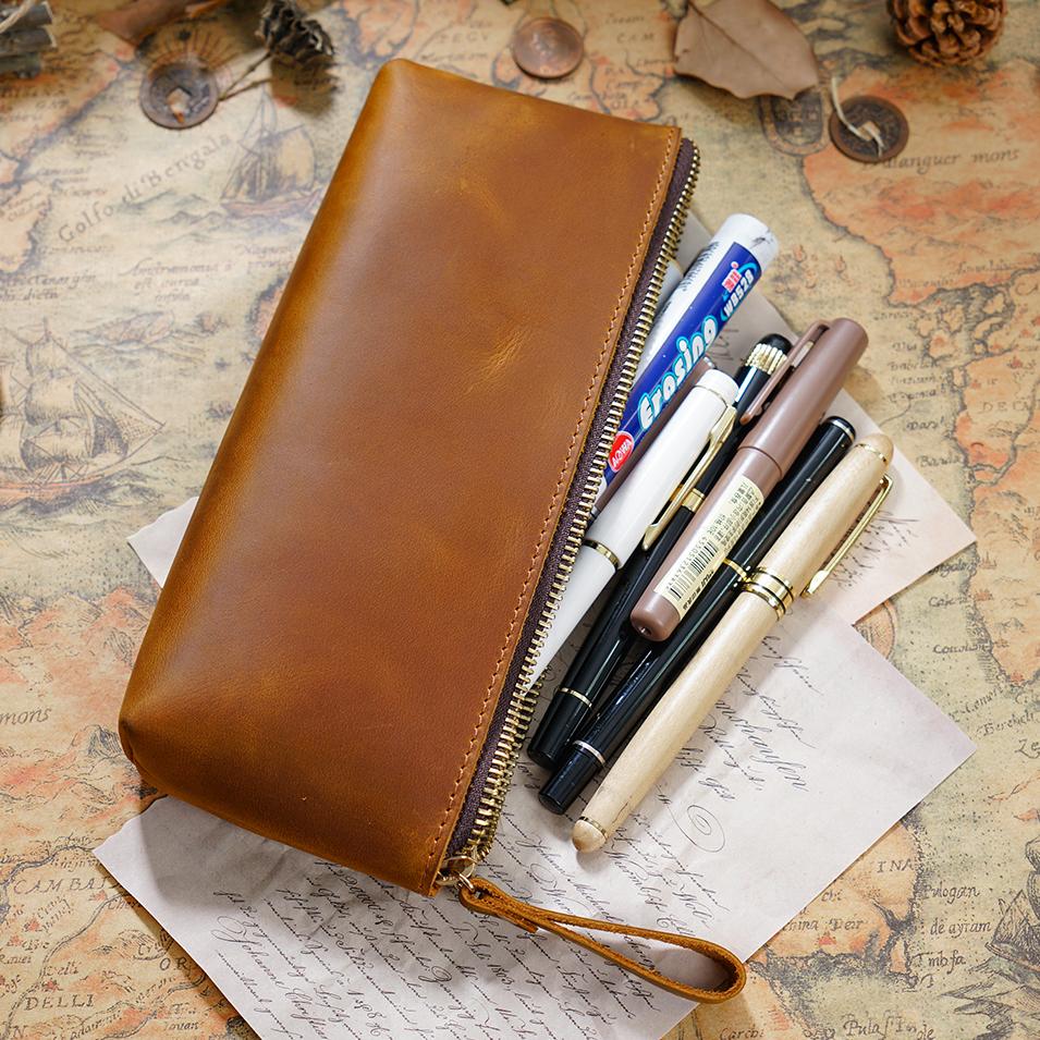 AIGUONIU Genuine Leather Large Capacity Pencil Bag Office School Stationery Pen Pencil Storage Pouch Holder Fountain Pen Case