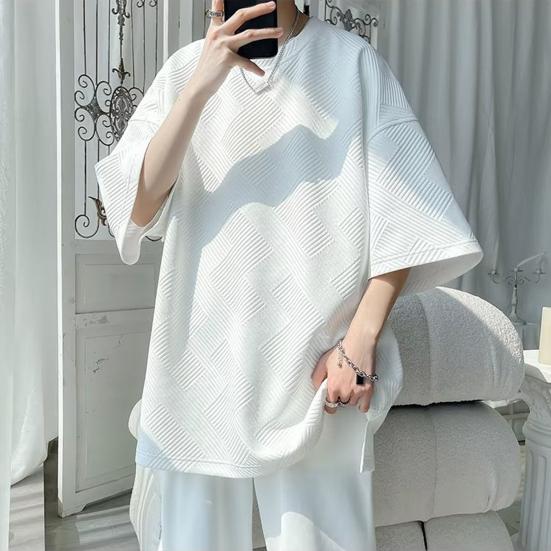 Летняя мужская футболка с круглым вырезом, свободная средней длины, сплошной цвет, вафельная текстура, плюс размер, половина рукава, уличная одежда в японском стиле, топ на открытом воздухе