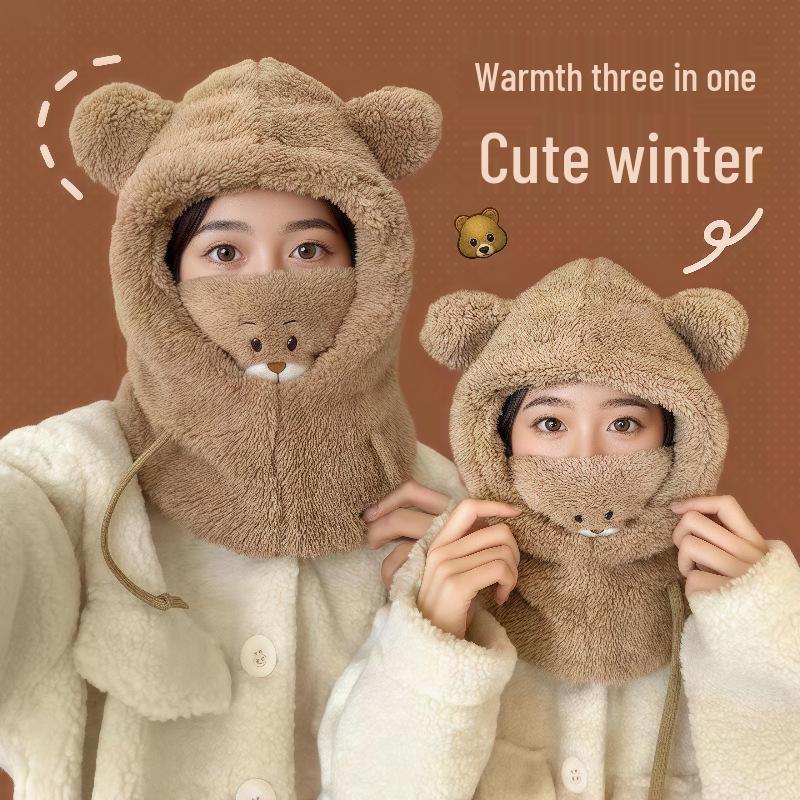 Женская теплая шапка с мишкой: Комплект пуловер, шарф и маска для велоспорта и защиты от холодной погоды