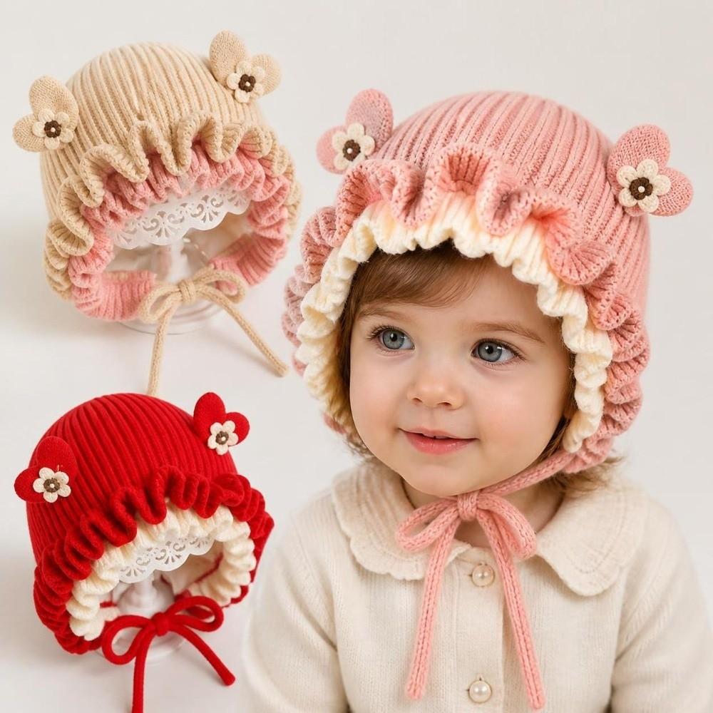 Lace Ruffle Trim Princess Knitted Hat Elastic Soft Kids Beanie Cap Baby Earflap Hat Baby Toddlers