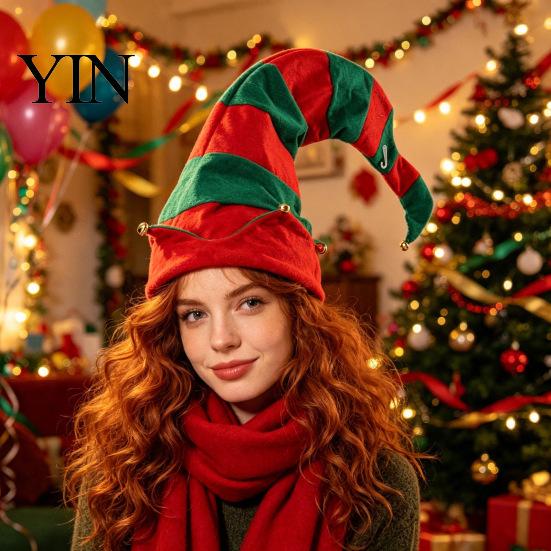 Adult Christmas Party Decorations Elf Pointed Hat, Striped Hat with Pompom or Novelty Bells, Cosplay for Adults, Holiday Costume Festive Red And Green