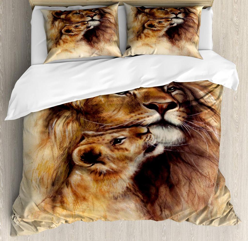 Lion Rose Duvet Cover Set Full Size,Animal Floral Comforter Cover Nature Theme Design Bedding Set,Modern Brown Lion Quilt Cover
