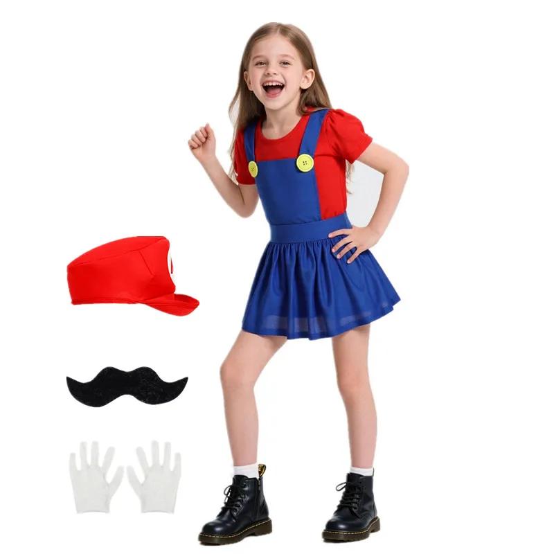 Girls Anime Cosplay Costume Game Character Dress with Hat Mustache Gloves Set Halloween Party Outfit Red Green