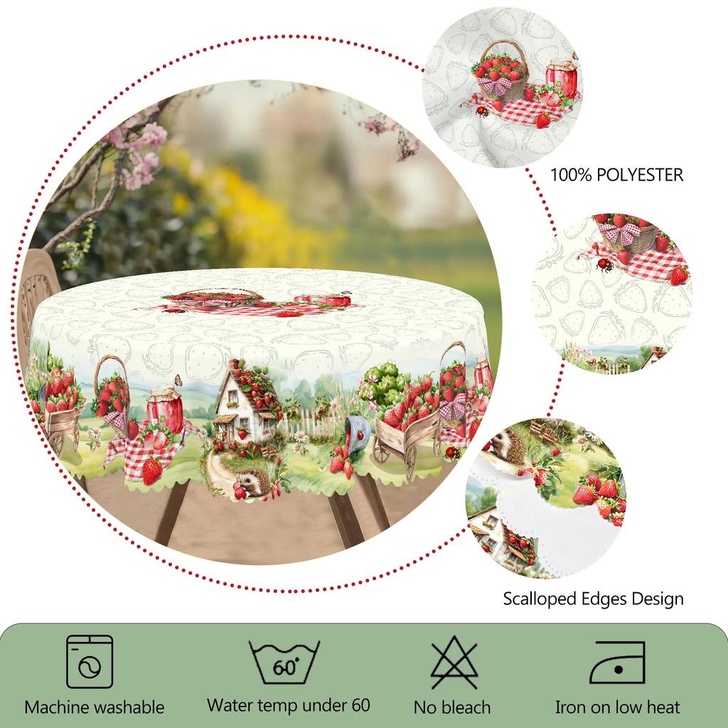 1 Piece Of Strawberry Theme Round And Rectangular Tablecloth, Available In Various Sizes, Pink Strawberry Pattern Printing Design, Retro Farmhouse, Sp