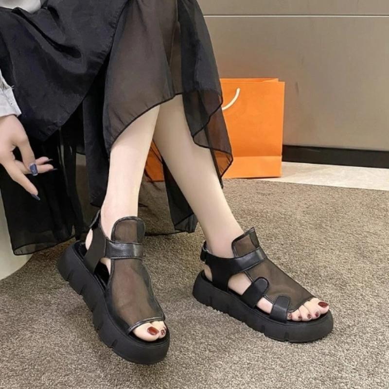 Сандалии женские летние 2024 года, новые модные сандалии с толстой подошвой, дышащие, пряжа Eugene, сетка, волшебная паста, римские сандалии Hook & Loop