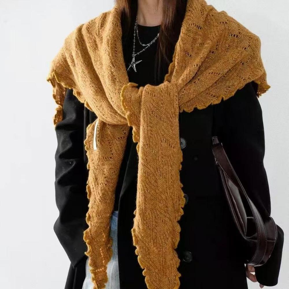 Ruffled Edge Knitting Scarf Soft Breathable Hollow Scarf Triangular Scarf Spring Autumn Winter