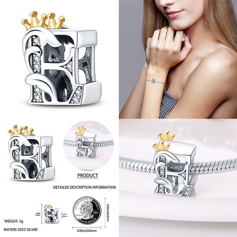 Crown Gold 100% 925 Silver 26 Letters Beads Fit 925 Original Bracelet DIY Jewelry Making Women Gift