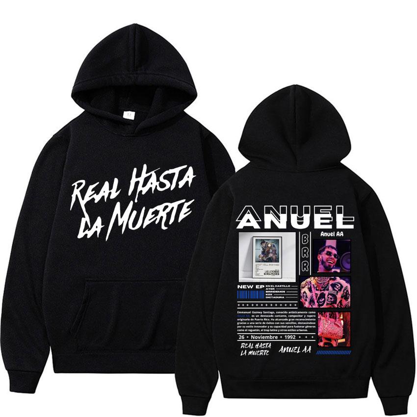 Худи с капюшоном для мужчин и женщин Anuel AA Real Hasta La Muerte, Хип-хоп, Ретро-стиль, Свитшот, Пуловер, Мода Харадзюку, Оверсайз