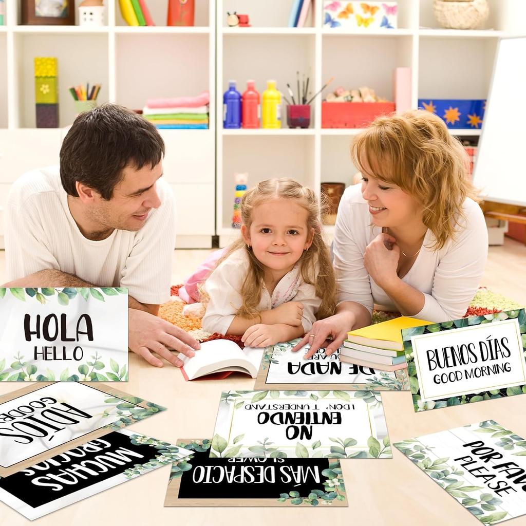 gisgfim 16 Pcs Spanish Words and Phrases Poster Set Spanish Phrases Bulletin Board Study Spanish Classroom Decoration for Teachers Preschool School