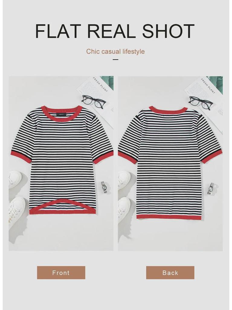 2025 Полосатый контрастный вязаный свитер: Европейский/американский стиль, спущенное плечо, короткий рукав