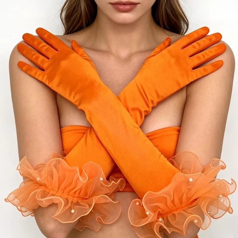 Tulle Women Long Satin Gloves 55CM Performance Gloves Vintage Bridal Gloves Etiquette Stage