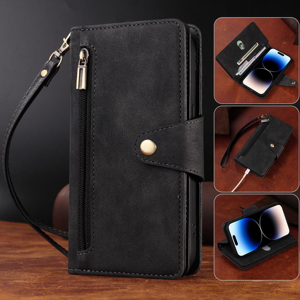 Многофункциональный двухслойный чехол-кошелек на молнии с отделениями для карт и карманом для наличных для iPhone 15, 14, 13, 12, 11, Samsung, Google, откидная крышка из искусственной кожи на ремешке