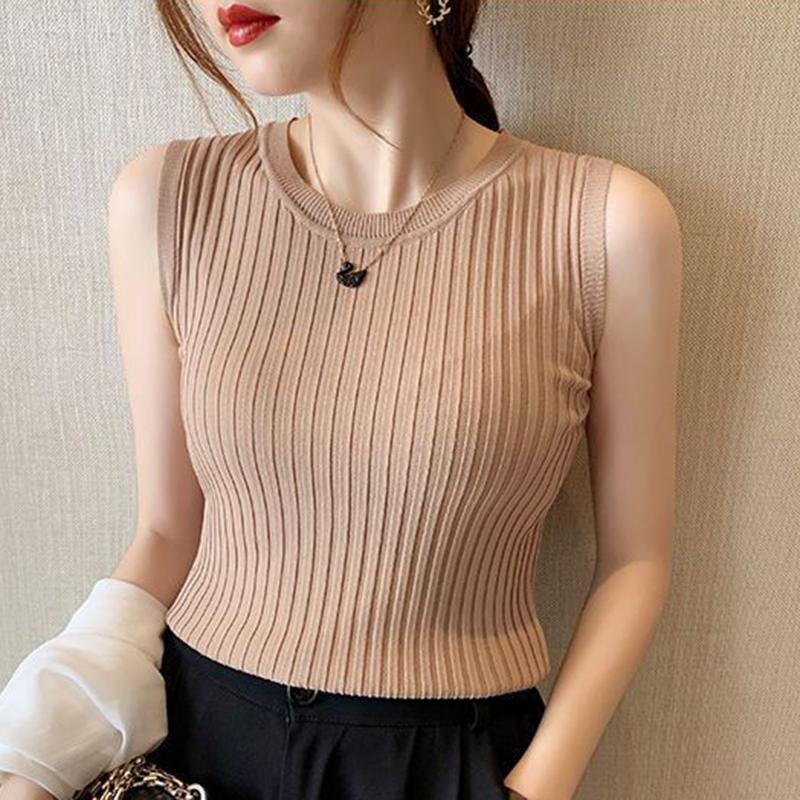 Summer Sleeveless Round Neck Casual Tank Tops Women Fashion Slim Fit Solid Base Pullover Tanks Women Camis Simple Office Lady Vest 26230