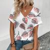Женская футболка с V-образным вырезом, модная футболка с цветочным принтом, повседневная, удобная, элегантная, с короткими рукавами, большого размера