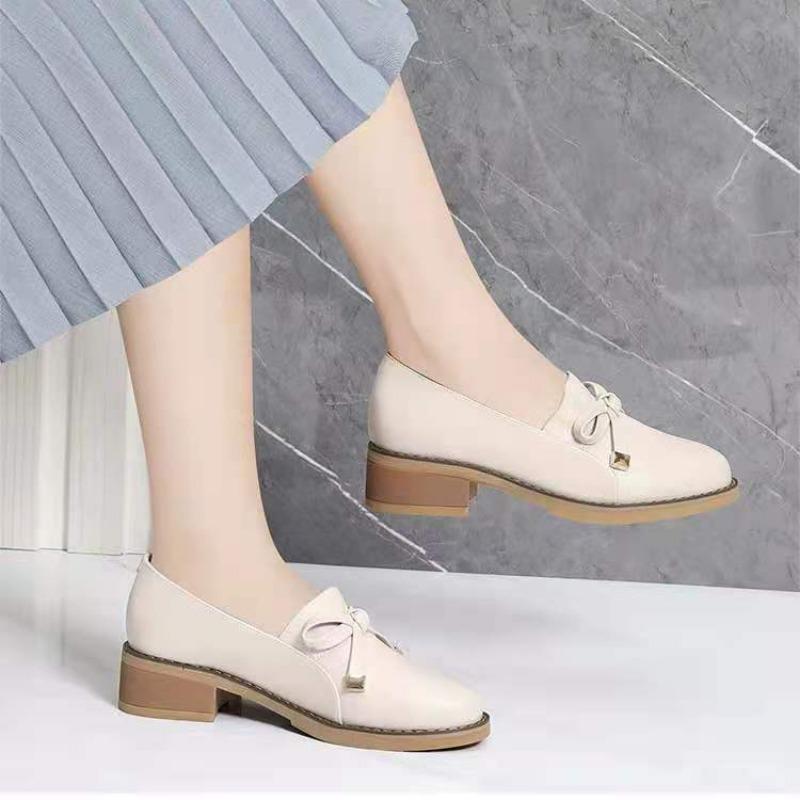 Женская обувь с круглым носком и бантом, кожаная, повседневная, на среднем каблуке, женские туфли-лодочки, отпускная стильная обувь по акции, шикарный острый носок со скидкой