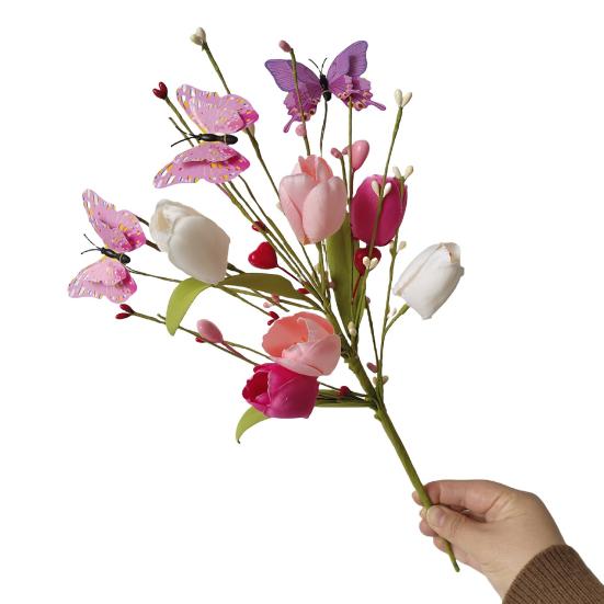 Valentine's Day Artificial Flower Faux Silk Tulip Stem with Pink White Red Heart Berries for Vase Centerpiece Wedding Home Decor