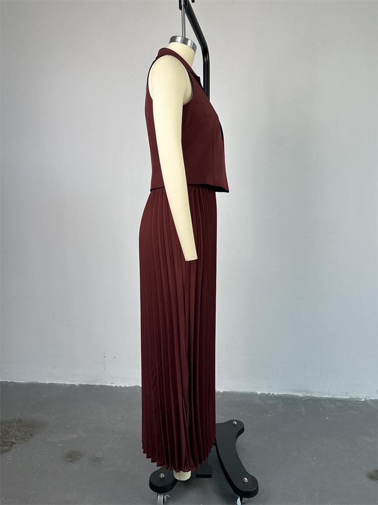 Летний женский костюм 2024 года: Жилет с воротником-стойкой и плиссированной юбкой средней длины