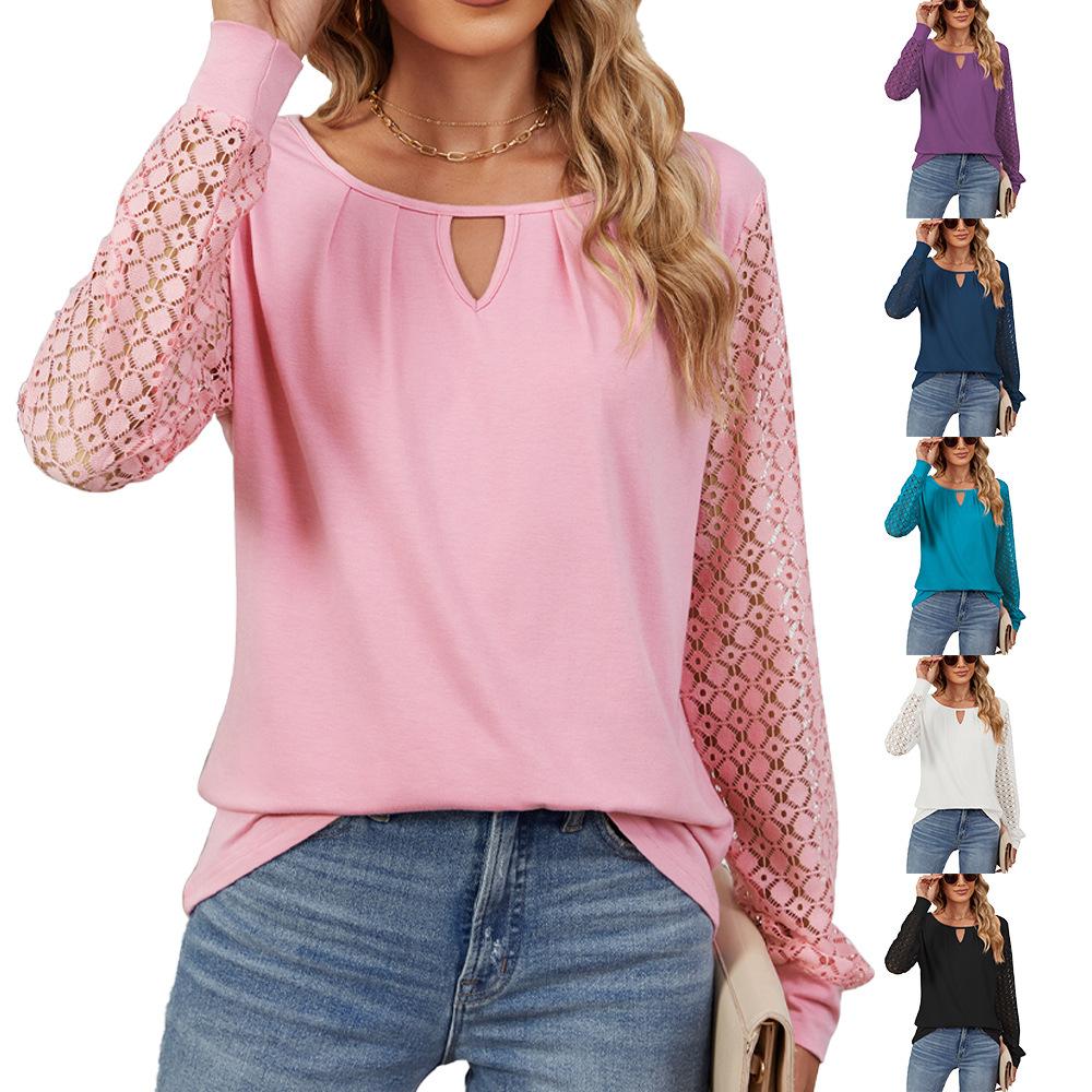Women's Solid Lace Panel Long Sleeve Top Crew Neck Casual Loose Pullover Blouse