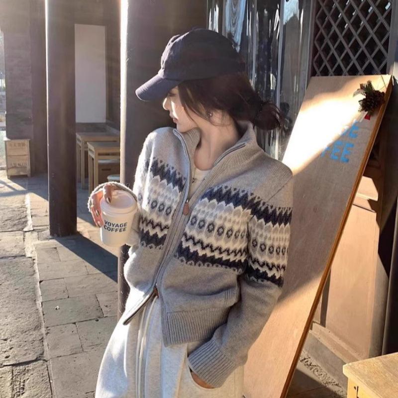 Женский осенний шерстяной кардиган-свитер Runshifeier на молнии с воротником-стойкой и жаккардовым узором
