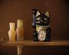 Lucky Cat Jewelry Cat Right Paw Raised Ceramic Lucky Cat Maneki Neko Auspicious Feng Shui Ornament (M-SIZE Black) / _ (jw_M Black)