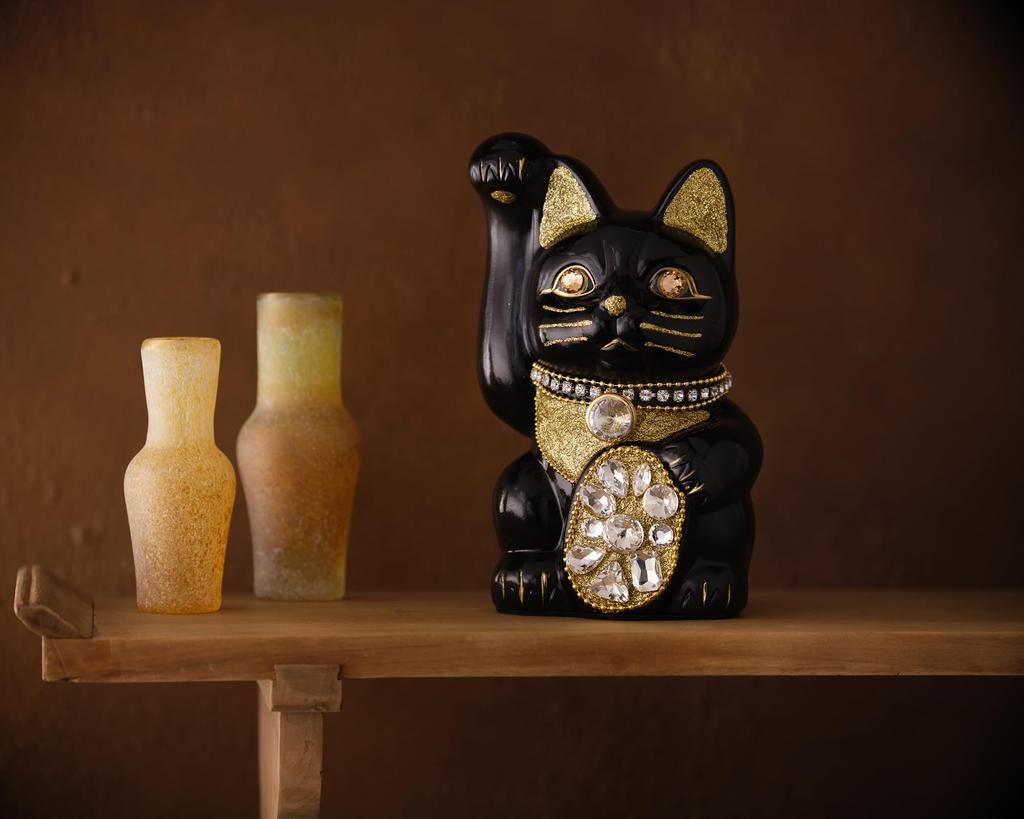 Lucky Cat Jewelry Cat Right Paw Raised Ceramic Lucky Cat Maneki Neko Auspicious Feng Shui Ornament (M-SIZE Black) / _ (jw_M Black)
