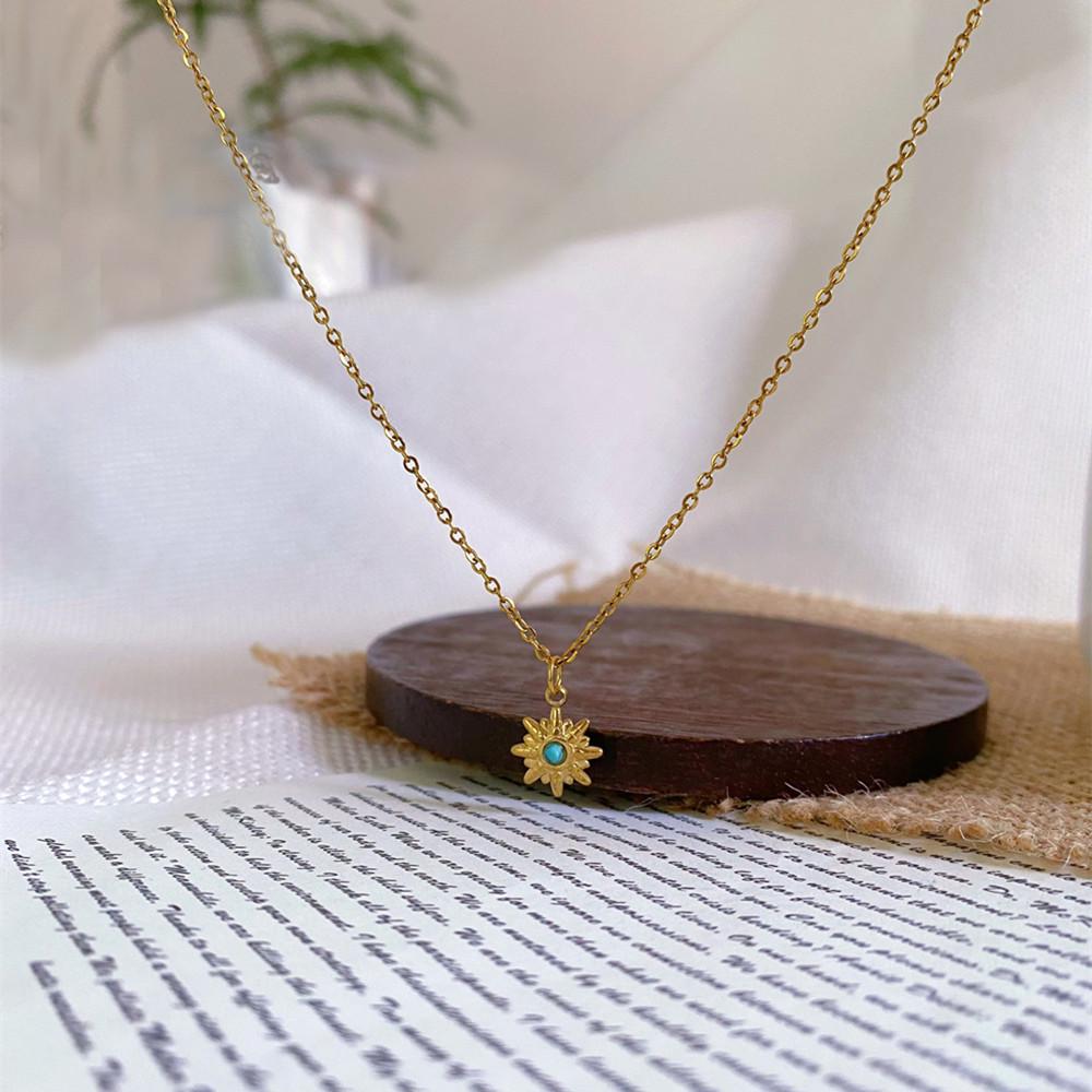 Titanium Steel Blue Turquoise Star Pendant Necklace - Retro Style, Non-Fading, European & American Design