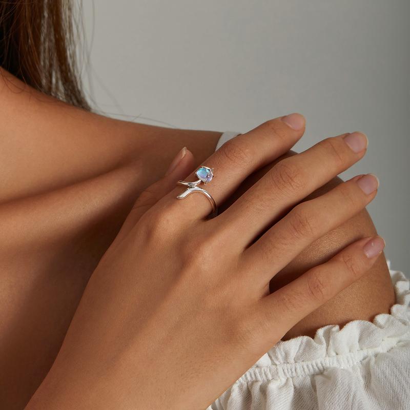 Женское регулируемое кольцо BAMOER из стерлингового серебра 925 пробы с элегантным лунным камнем и лисой, ювелирные украшения