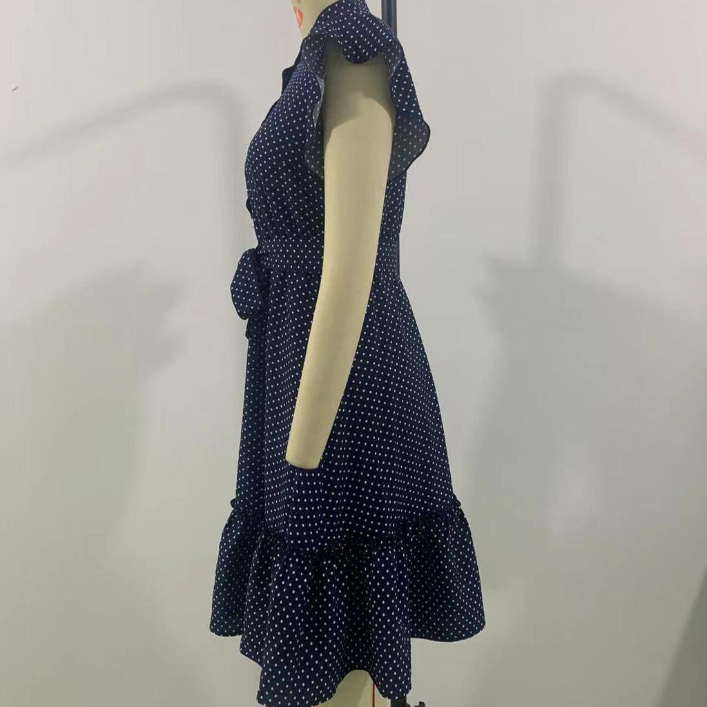 Spring Summer Women O-Neck Dot Print Lace Up Dresses High Waist A-Line Lotus Leaf Short Sleeve Middle Long Dress S-XL