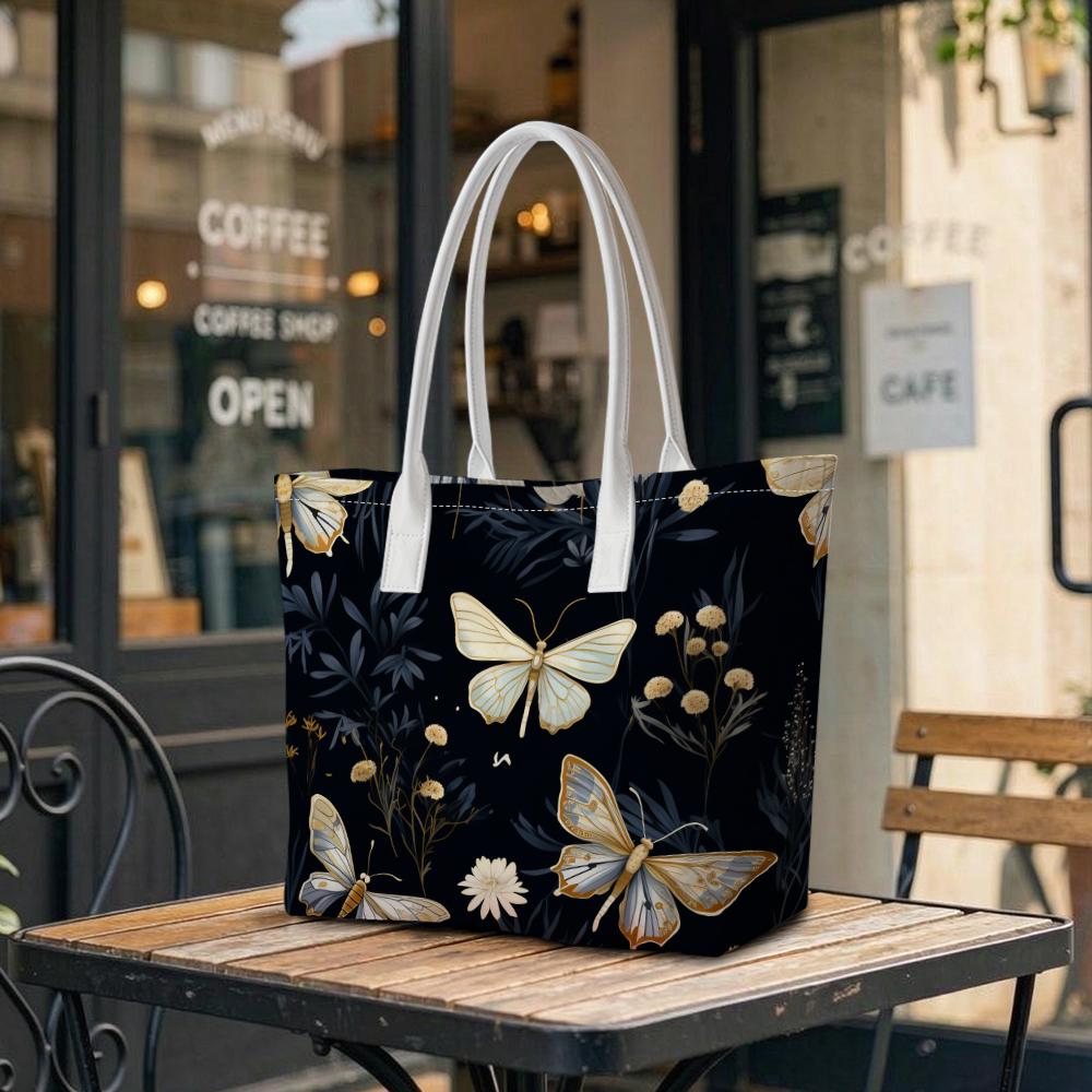 Elegant Moth Floral Printed Daily Ladies Shoulder Tote Bag Lightweight Casual Outdoor Shopping Handbag