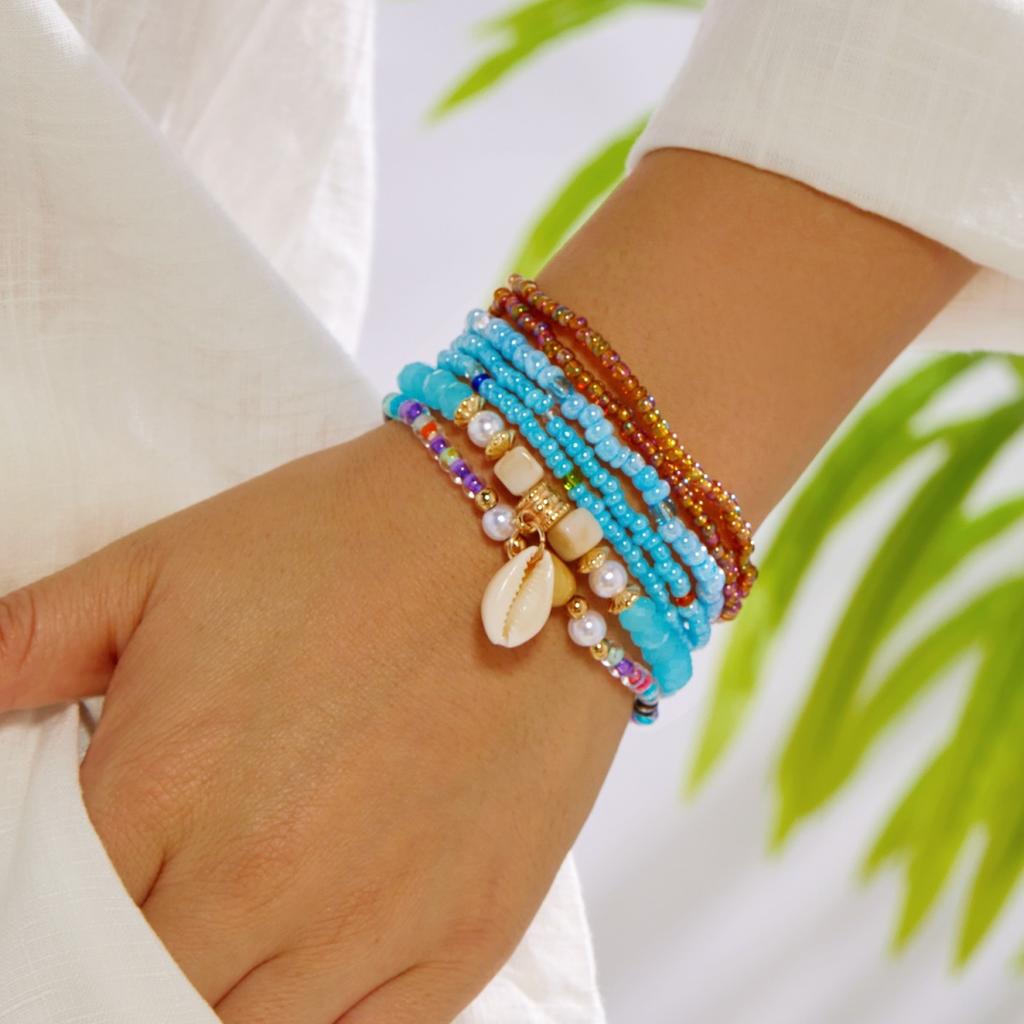 Bohemia Multilayer Rice Beaded Shell Tassel Bracelets For Women Men Ethnic Colorful Crystal Beads Bangle Summer Vacation Jewelry