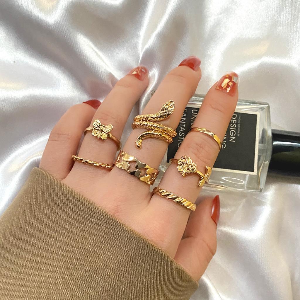 2024 Набор колец в виде змеи и розы, 7 предметов, модные милые кольца нерегулярного тренда, женские украшения для девочек