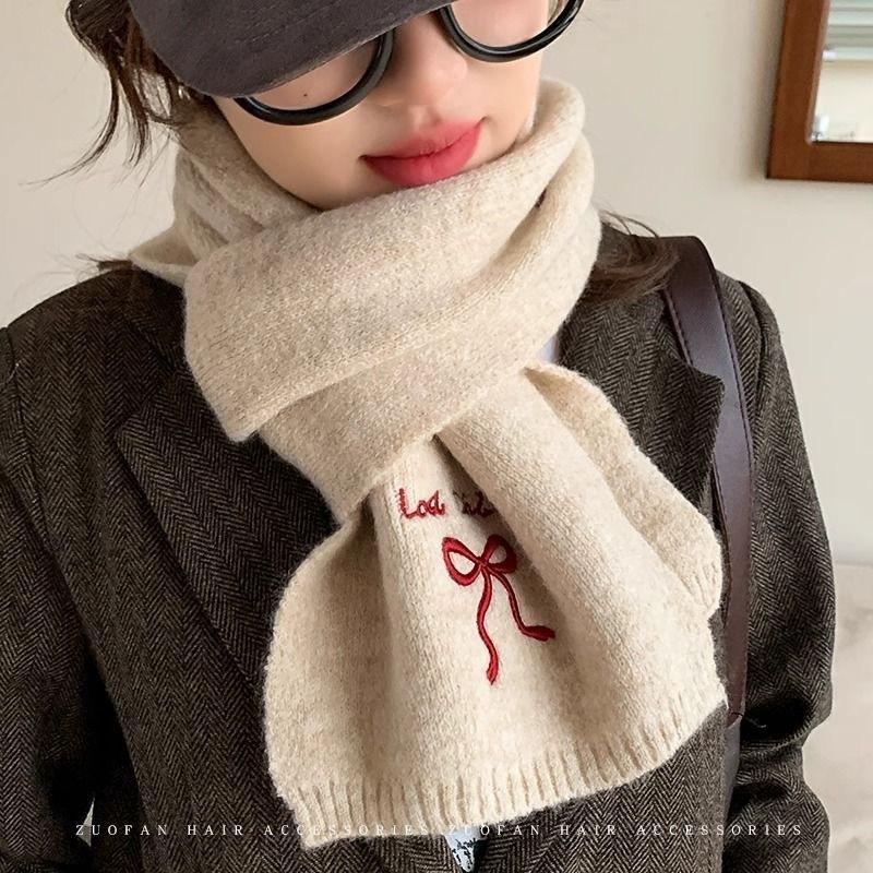 Winter Warm Knitted Scarf Selected Autumn and Winter Wool Blended Monochrome Embroidered Scarf Women's New Versatile Parent Child Style