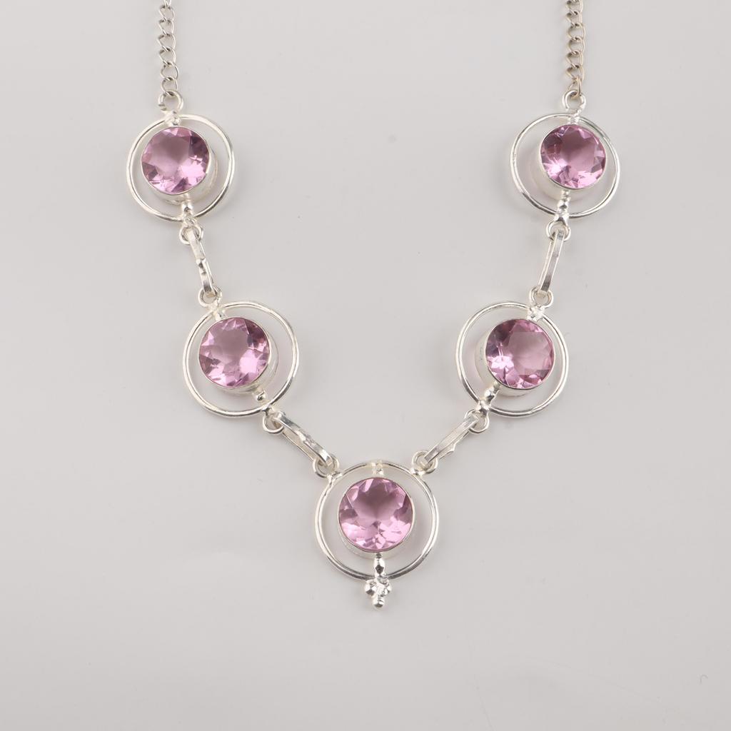 Розовый Морганит Драгоценный Камень Серебряное Ожерелье, Серебро 925 пробы Женское Ожерелье, Морганит Серебряные Украшения, Подарок Камень Июня RN-2-15