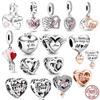 Fine S925 Sterling Silver Love You Mom Double Heart Split Dangle Charm Beads Fit Original  Bracelet DIY Women Jewelry Gift