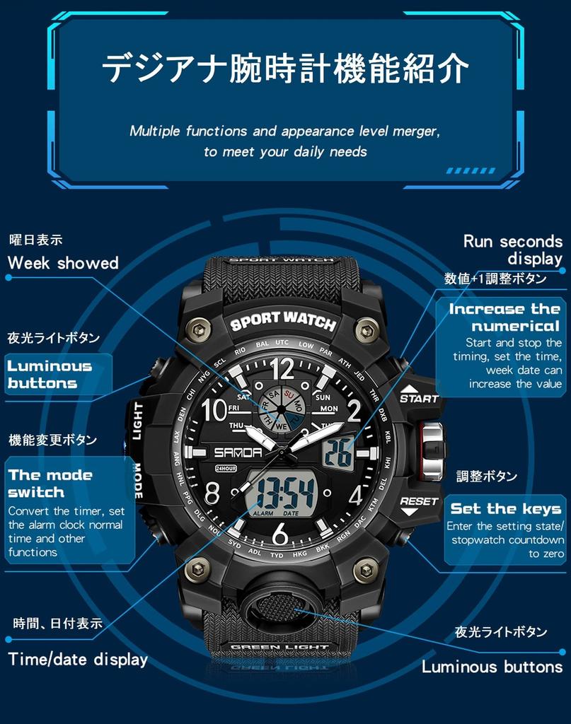 Цифровые часы, спортивный секундомер, водонепроницаемые, модные, в стиле милитари, часы для бега, двойное время, двусторонний дисплей времени, будильник, светящийся 50 м