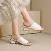 Thick Heel Slippers Outerwear 2024 Summer Square Head Retro Sandals with Mid Heel Beach Slides Solid Girls Comfortable Slippers