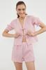 Women's Fashion Pink Textured Gingham Pajama Set with Binding Ribbon Bow Detail