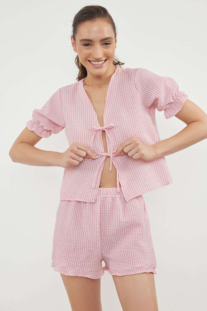 Women's Fashion Pink Textured Gingham Pajama Set with Binding Ribbon Bow Detail