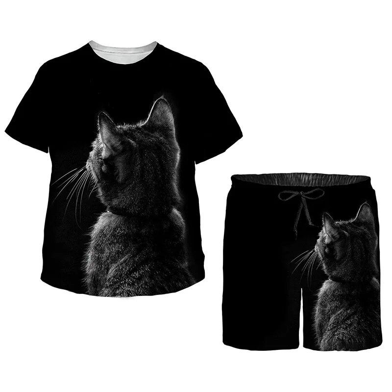 Летний комплект для детей, милый топ с короткими рукавами и шортами с принтом «Кейт», черный спортивный костюм, кавайные пижамы с героями мультфильмов для мальчиков и девочек