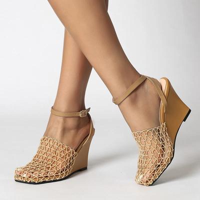 Уличный стиль Ажурные сандалии-клинья Женские Сексуальные с квадратным носком Ремешок с пряжкой Высокие каблуки Женская обувь Размер 35-43