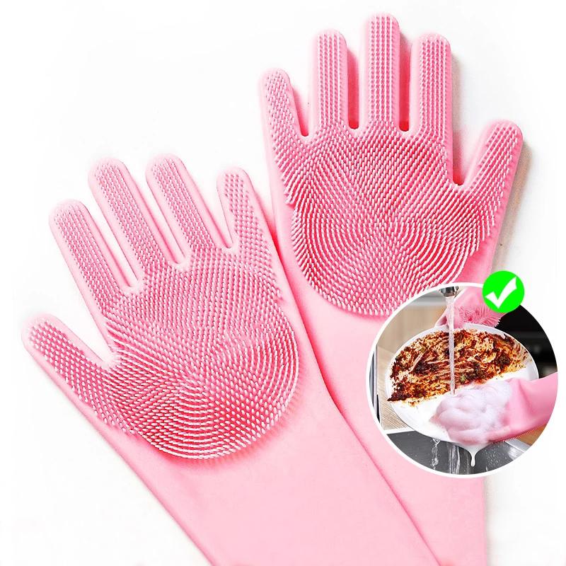 Magic Dish Washing Gloves 1 Pairs Silicone Cleaning Gloves Kitchen Scrubber Rubber Gloves Household Cleaning Tool Car Pet Brush
