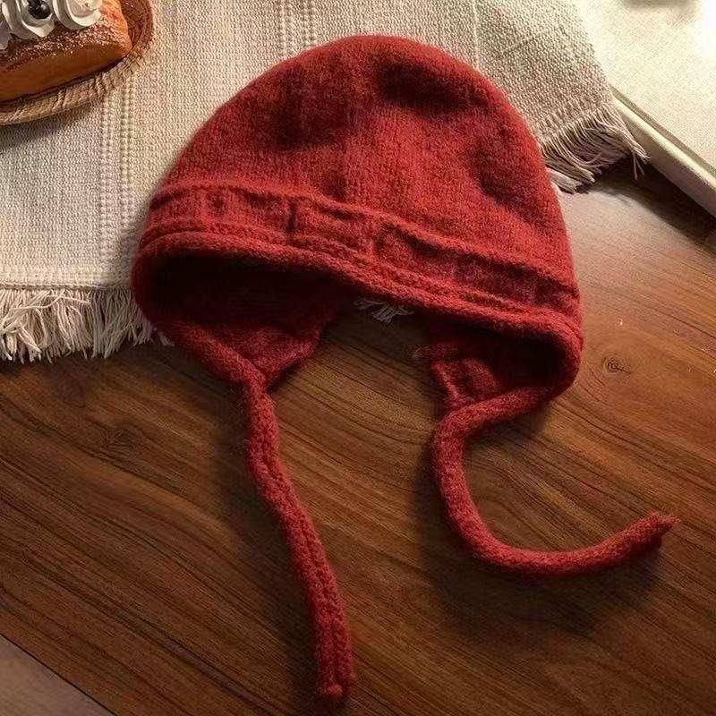 Маленькие лицевые завязки вязаная шапка женская осень и зима большой обхват головы однотонная шерстяная шапка корейская версия теплая защита ушей шапка-мешок на голову