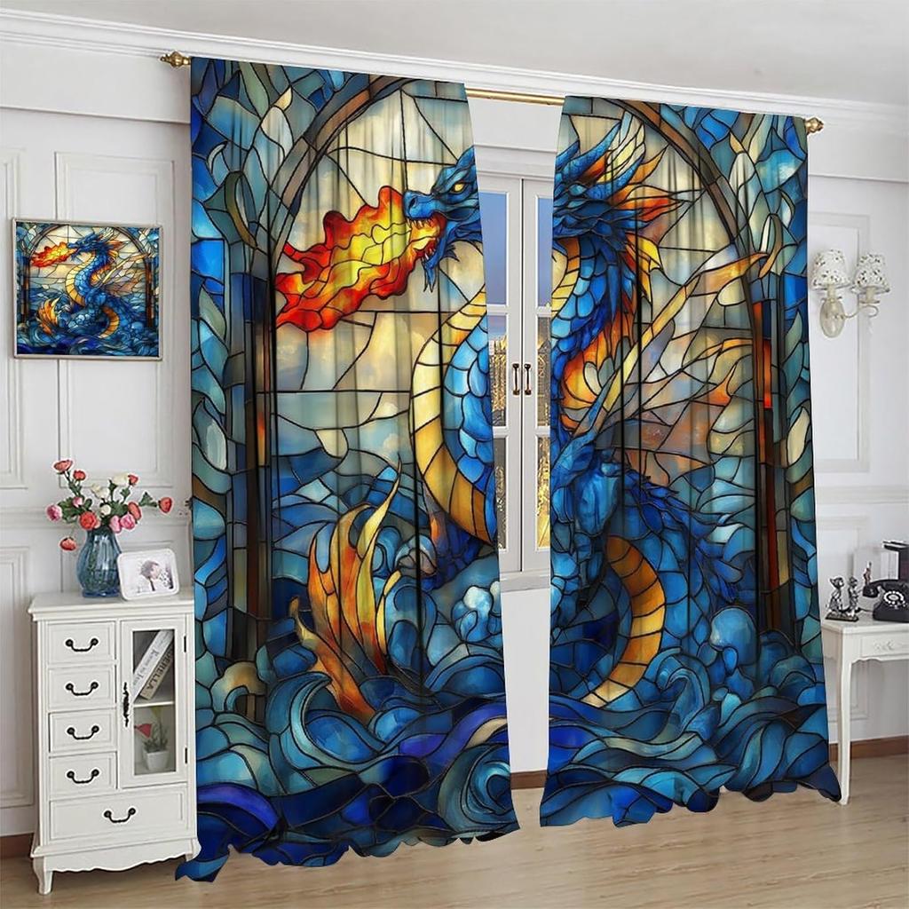 Blue Dragon Curtains Vintage Mythological Medieval Stained Glass Mural Flame Magic Flying Dragon Windows Treatments Rod Pocket f