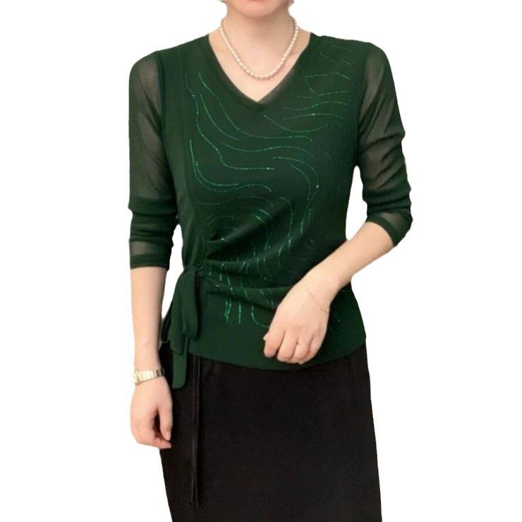 Новый иностранный стиль V-образный вырез горячая ромбовидная нижняя рубашка ранняя осень одежда для мам темперамент уменьшающая возраст и тонкие длинные рукава женские топы прилив