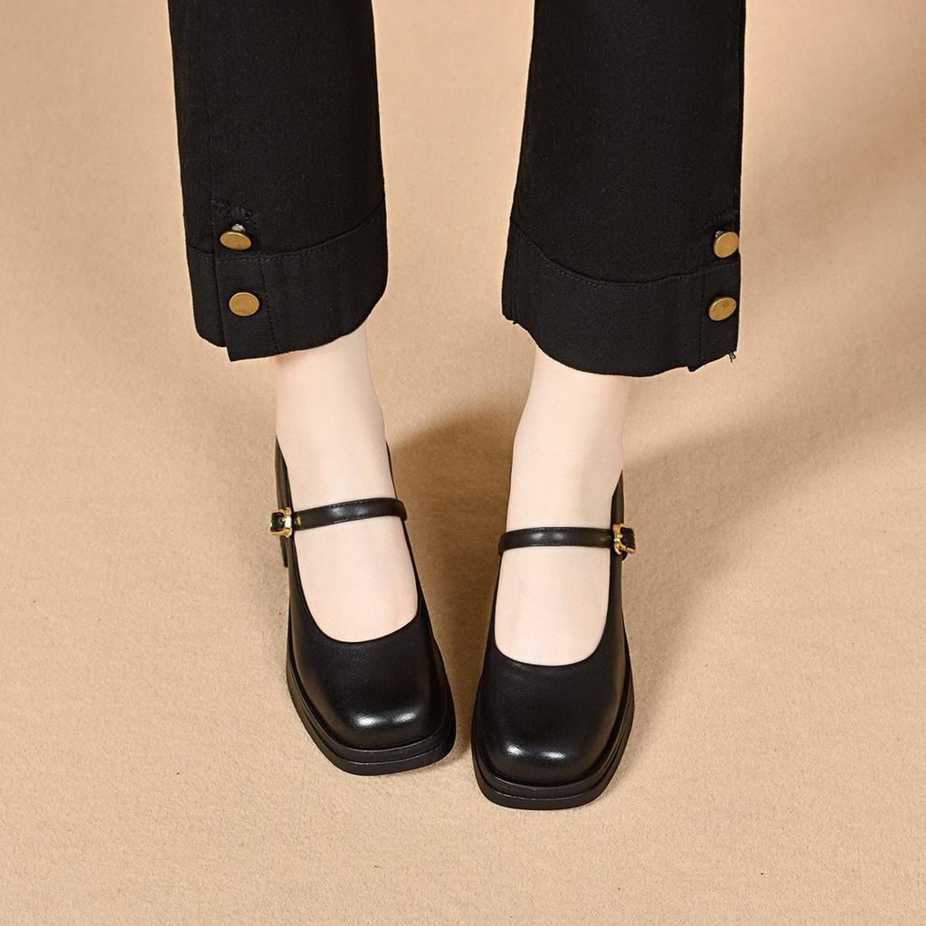 Mary Jane Shoes Thick Heel Small Leather Shoes 2025 Spring New Square Head Shallow Mouth One Word Belt Single Shoes Waterproof Table High Heels