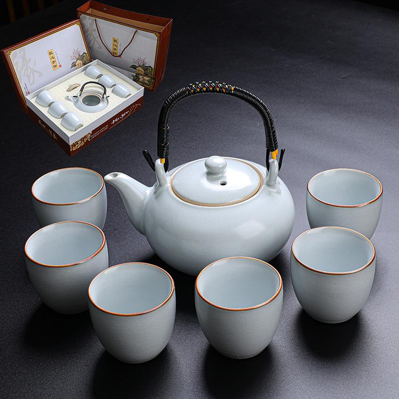 Honey Ge Kiln Opening Beam Pot Kung Fu Tea Set Household Ceramic Large Teapot Teacup Gift