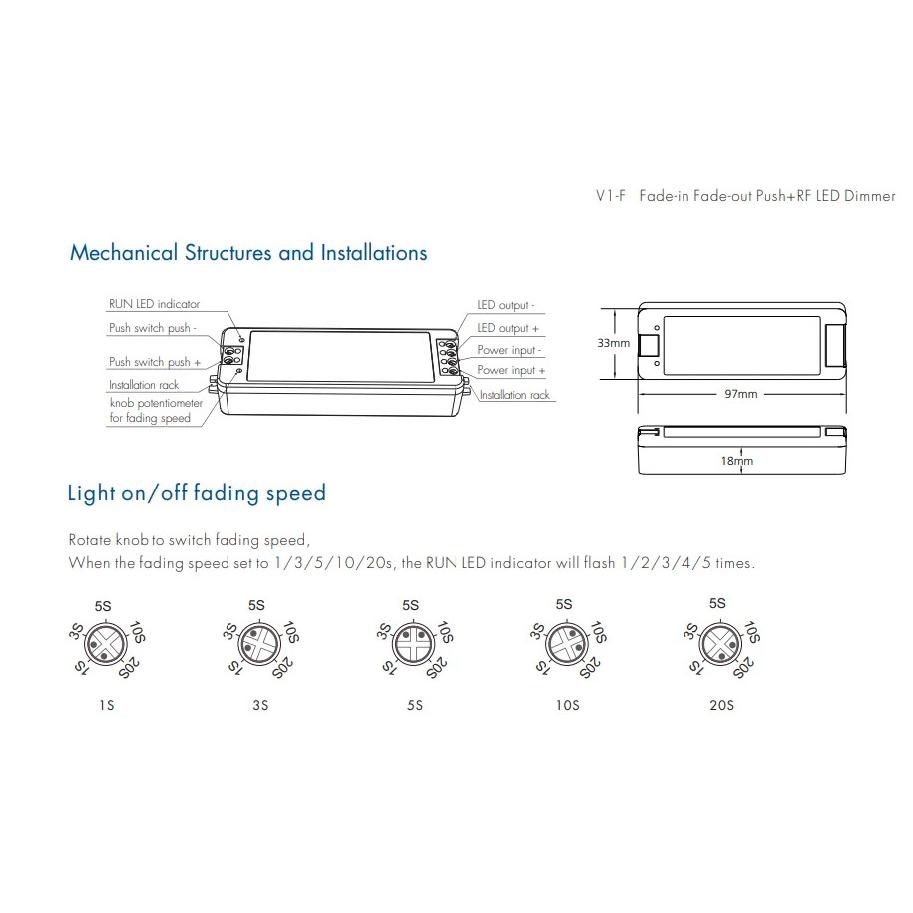 2.4G RF LED CV Dimmer V1-F Push Dim 1CH*8A DC12-48V Fade-in Fade-out 5 kinds Fading Speed Dimming For Single Color Strip Light