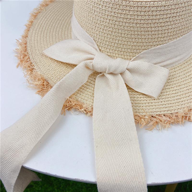 Соломенная шляпа с бантом на ремне для женщин с милыми и элегантными краями с бахромой, солнцезащитная соломенная плетеная шляпа с плоским верхом для лета